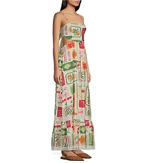 Dee Elly Postcard Print Square Neck Maxi Dress