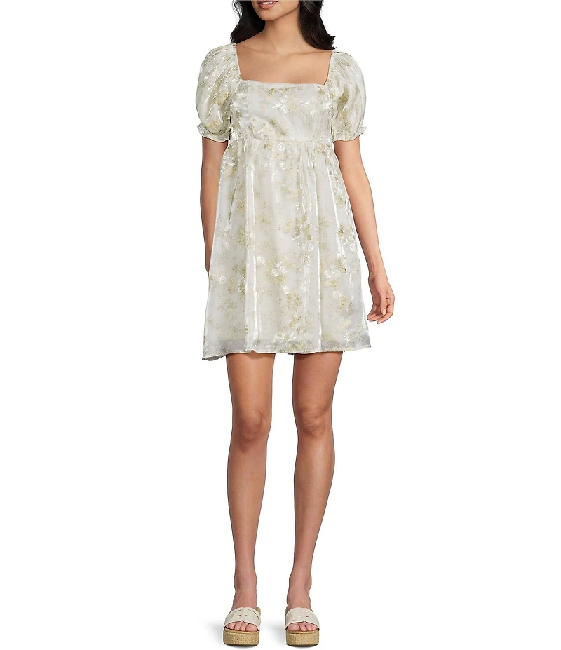 Dee Elly Square Neck Short Sleeve Floral Embroidered Mini Babydoll Dress