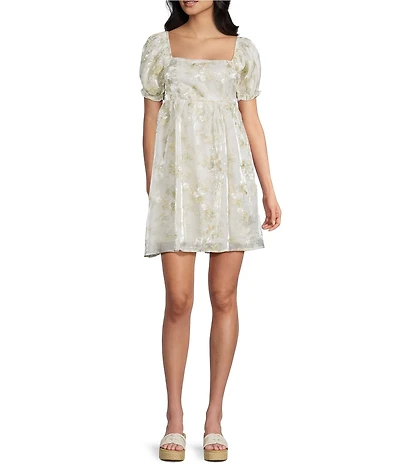 Dee Elly Square Neck Short Sleeve Floral Embroidered Mini Babydoll Dress