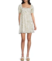 Dee Elly Square Neck Short Sleeve Floral Embroidered Mini Babydoll Dress