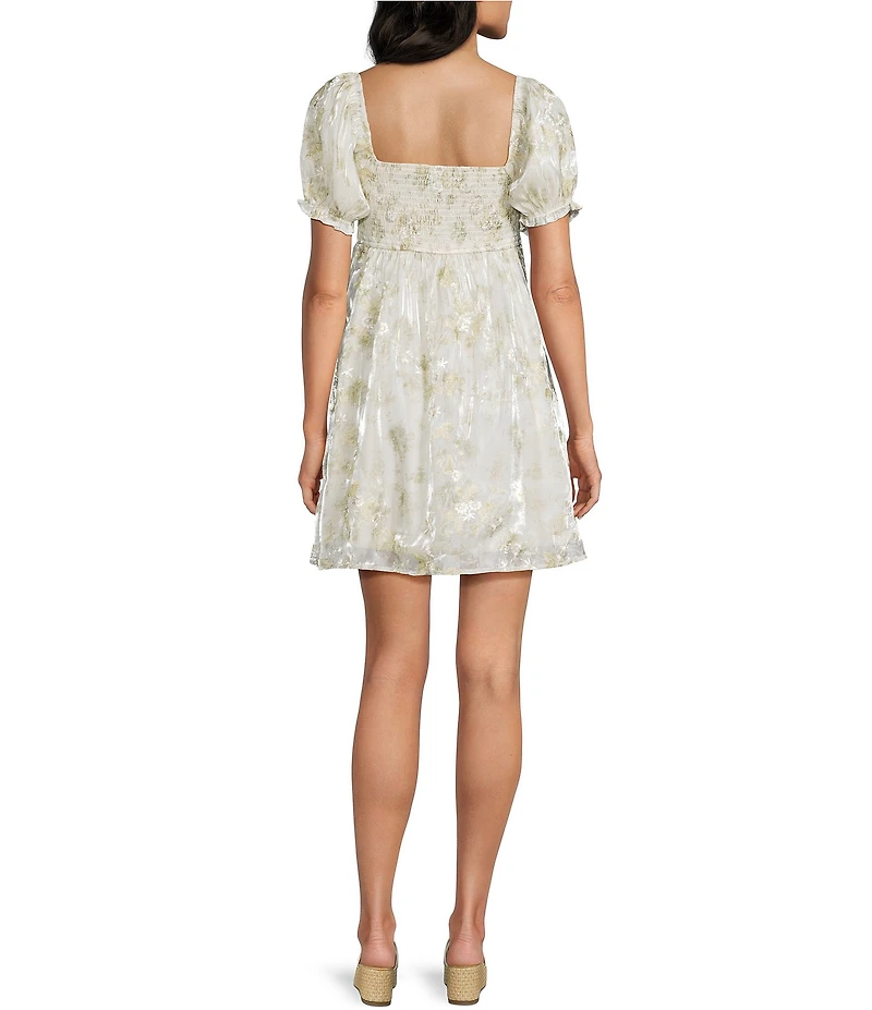 Dee Elly Square Neck Short Sleeve Floral Embroidered Mini Babydoll Dress