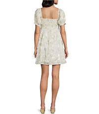 Dee Elly Square Neck Short Sleeve Floral Embroidered Mini Babydoll Dress