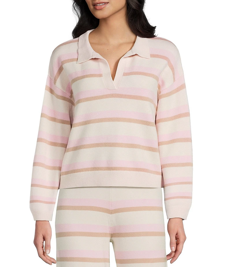 Dee Elly Stripe Long Sleeve Collared V-Neck Coordinating Sweater