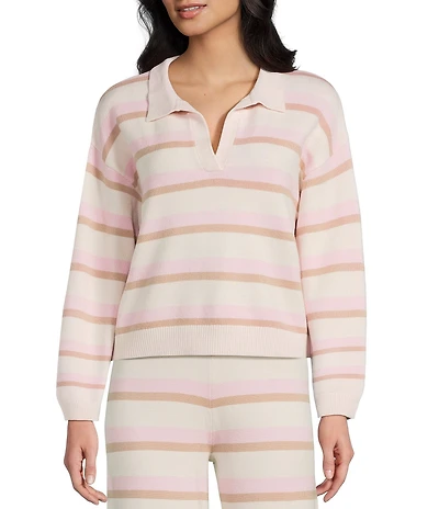 Dee Elly Stripe Long Sleeve Collared V-Neck Coordinating Sweater