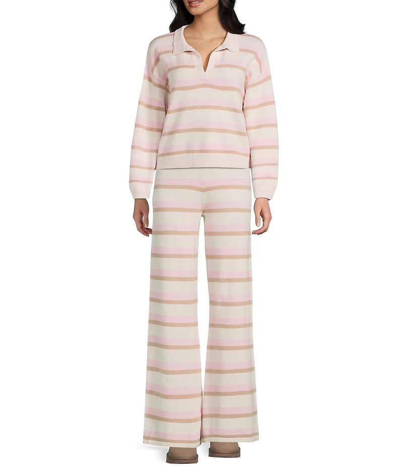 Dee Elly Stripe Long Sleeve Collared V-Neck Coordinating Sweater