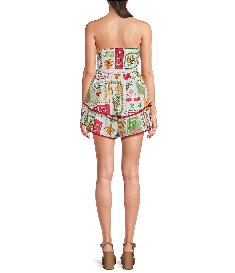Dee Elly Sweetheart Strapless Postcard Print Mini Flutter Romper