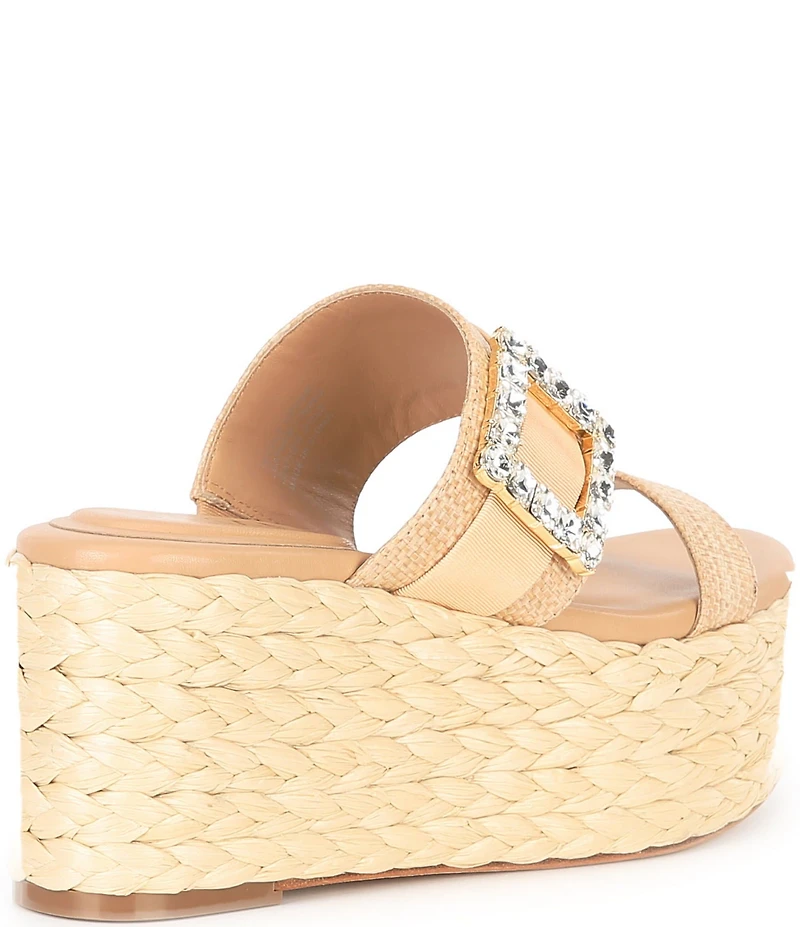 Deltan Collins Raffia Embellished Buckle Ornament Platform Slide Sandals