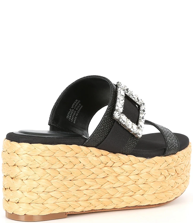 Deltan Collins Raffia Embellished Buckle Ornament Platform Slide Sandals