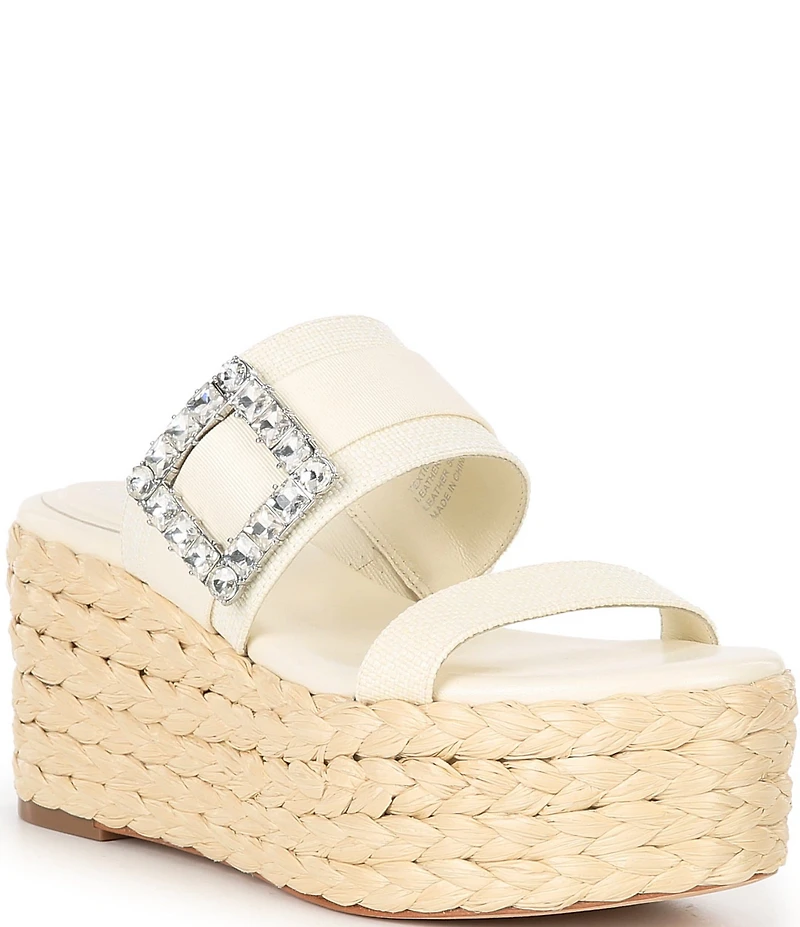 Deltan Collins Raffia Embellished Buckle Ornament Platform Slide Sandals