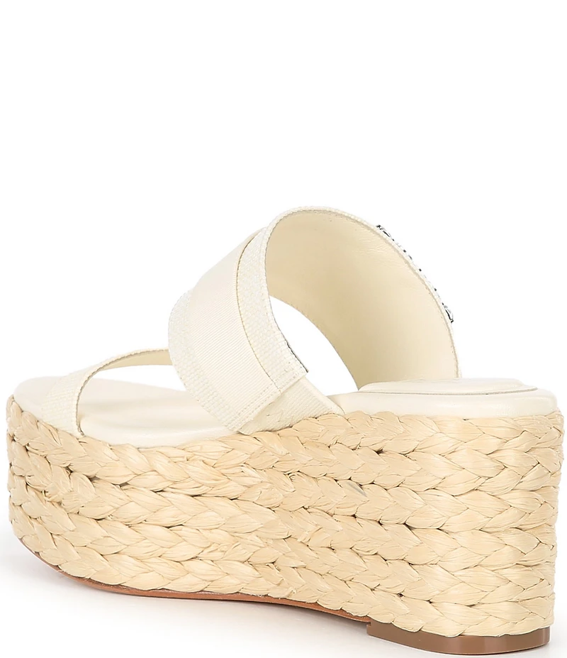 Deltan Collins Raffia Embellished Buckle Ornament Platform Slide Sandals