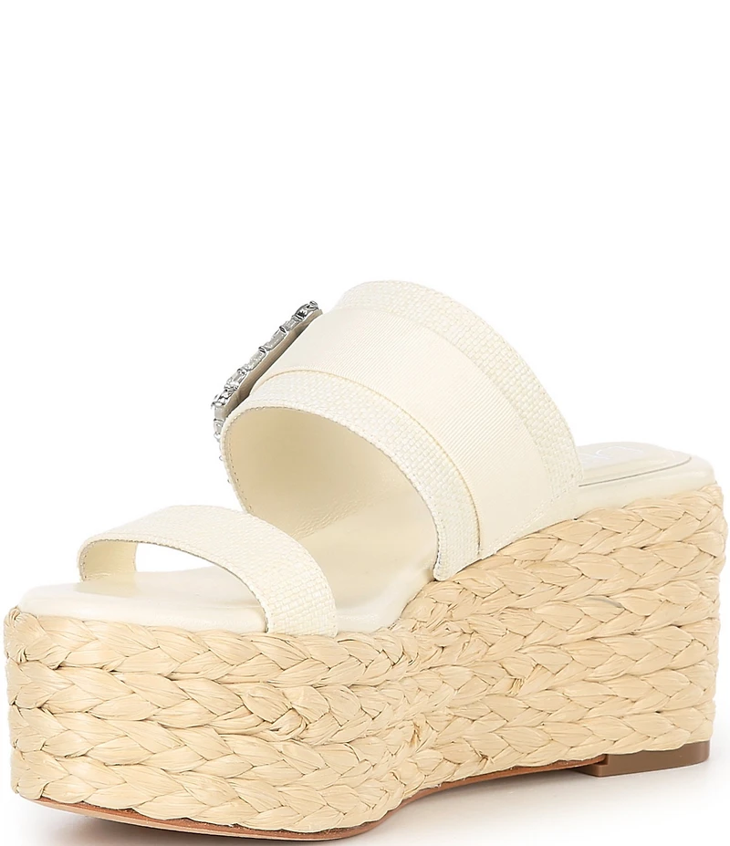 Deltan Collins Raffia Embellished Buckle Ornament Platform Slide Sandals