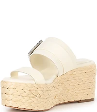 Deltan Collins Raffia Embellished Buckle Ornament Platform Slide Sandals