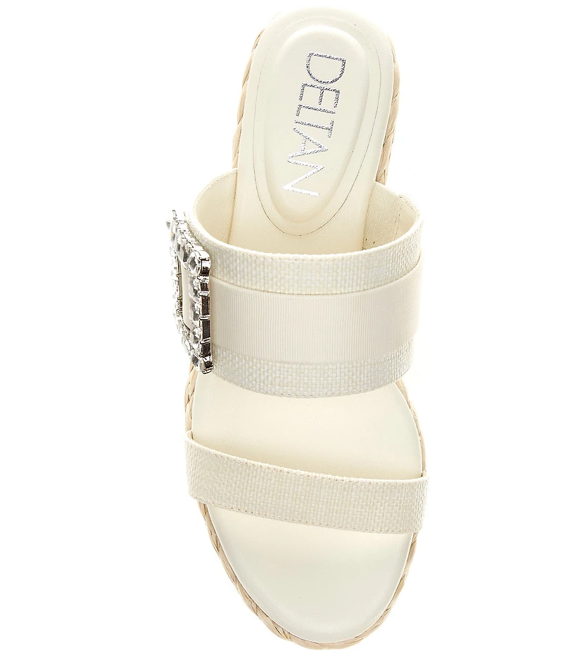 Deltan Collins Raffia Embellished Buckle Ornament Platform Slide Sandals