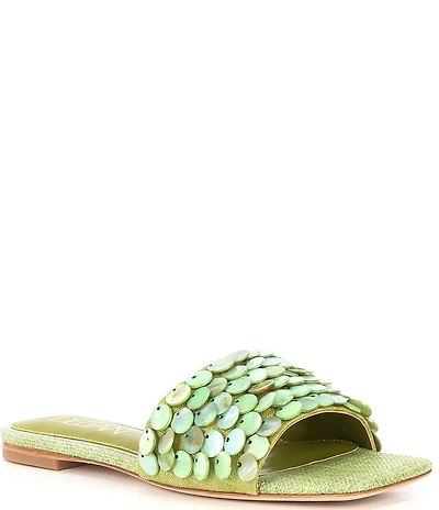 Deltan Flora Linen Pearl Disc Ornamented Flat Slide Sandals