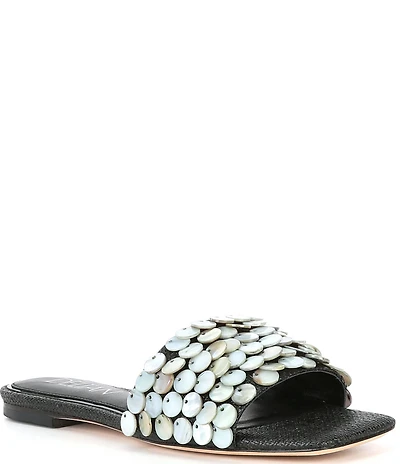 Deltan Flora Metallic Raffia Pearl Disc Ornament Flat Slide Sandals