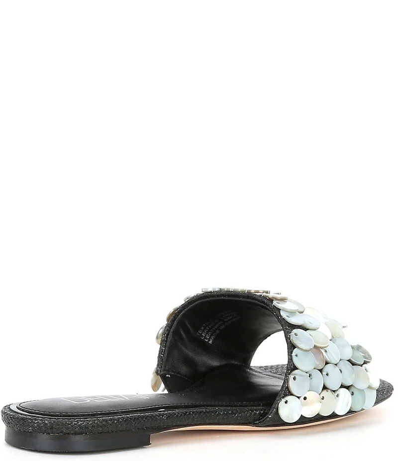 Deltan Flora Metallic Raffia Pearl Disc Ornament Flat Slide Sandals