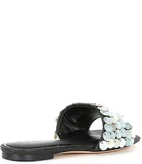 Deltan Flora Metallic Raffia Pearl Disc Ornament Flat Slide Sandals
