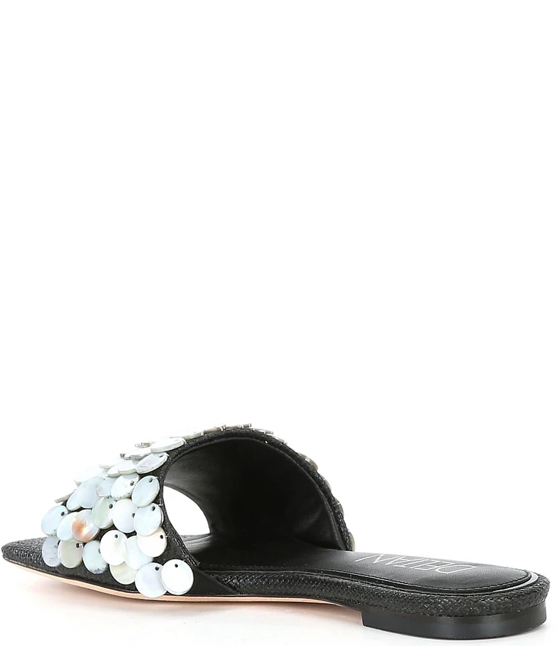Deltan Flora Metallic Raffia Pearl Disc Ornament Flat Slide Sandals