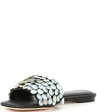 Deltan Flora Metallic Raffia Pearl Disc Ornament Flat Slide Sandals