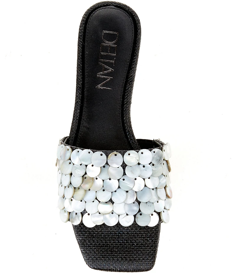 Deltan Flora Metallic Raffia Pearl Disc Ornament Flat Slide Sandals