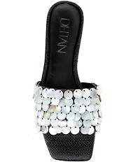 Deltan Flora Metallic Raffia Pearl Disc Ornament Flat Slide Sandals