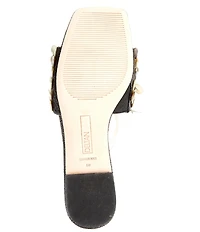 Deltan Flora Metallic Raffia Pearl Disc Ornament Flat Slide Sandals