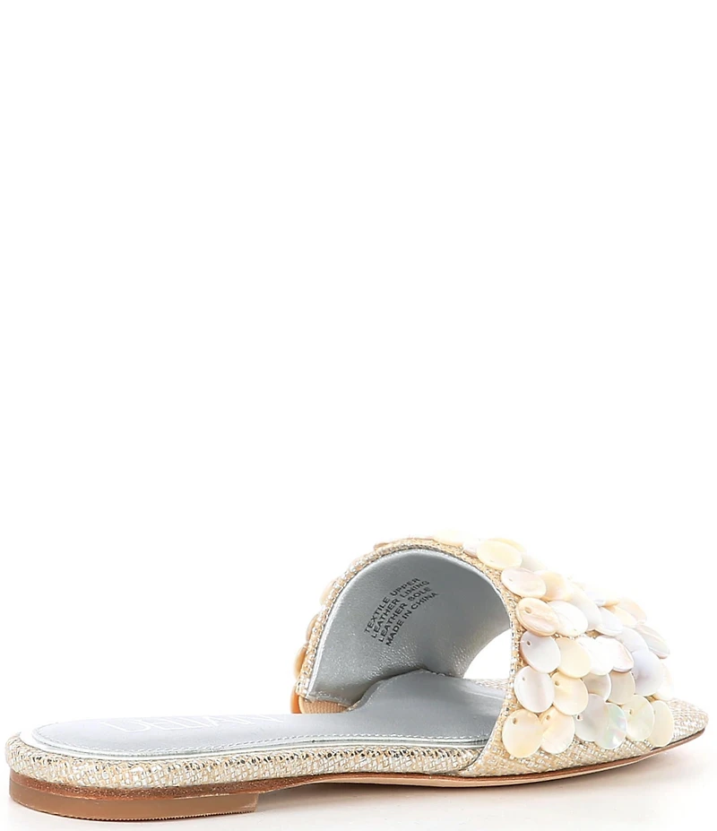 Deltan Flora Metallic Raffia Pearl Disc Ornament Flat Slide Sandals