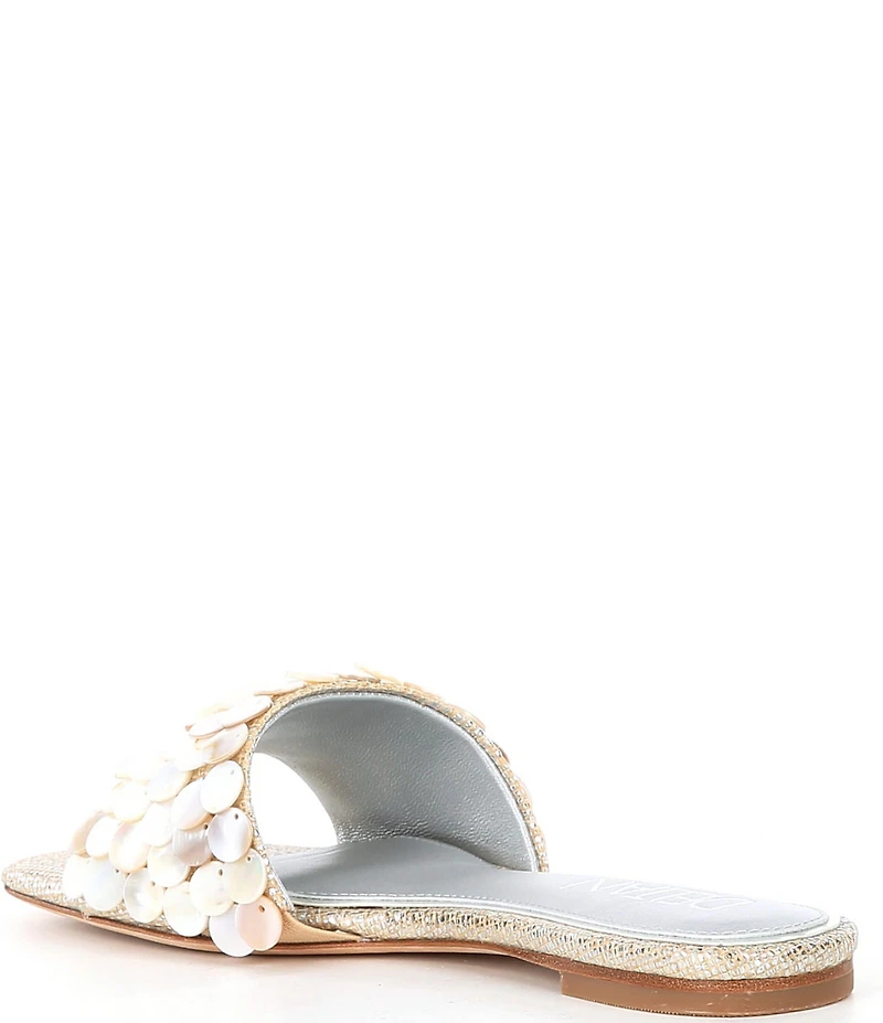 Deltan Flora Metallic Raffia Pearl Disc Ornament Flat Slide Sandals
