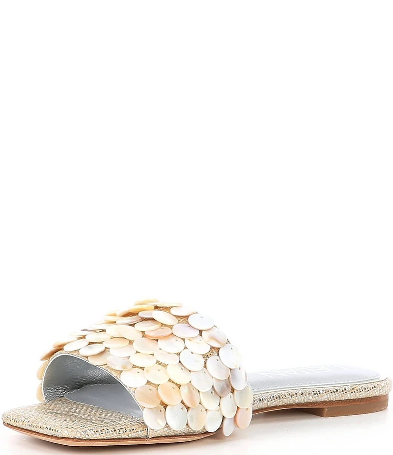 Deltan Flora Metallic Raffia Pearl Disc Ornament Flat Slide Sandals