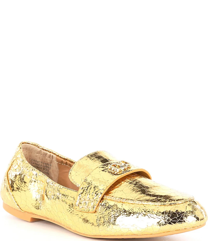 Deltan James Crinkle Metallic Leather Logo Hardware Loafers
