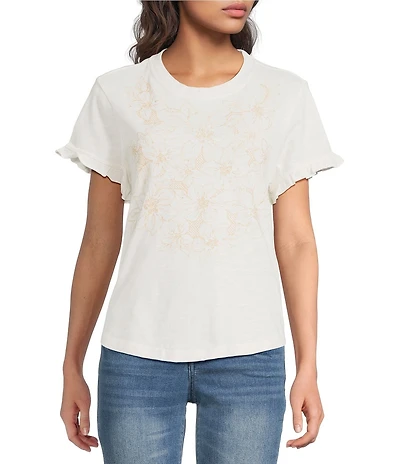 Democracy Embroidered Floral Mixed-Media Crew Neck Short Sleeve Knit Top