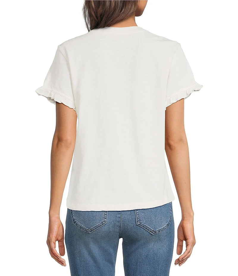 Democracy Embroidered Floral Mixed-Media Crew Neck Short Sleeve Knit Top