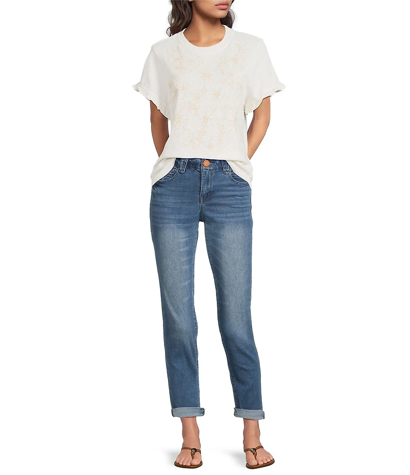 Democracy Embroidered Floral Mixed-Media Crew Neck Short Sleeve Knit Top