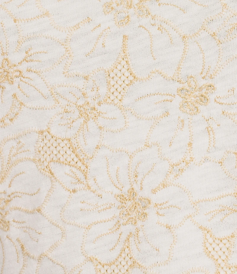 Democracy Embroidered Floral Mixed-Media Crew Neck Short Sleeve Knit Top