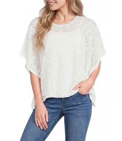 Democracy Allover Floral Lace Scoop Neck Elbow Sleeve Poncho