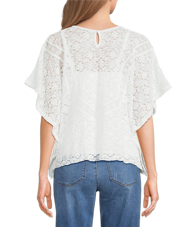 Democracy Allover Floral Lace Scoop Neck Elbow Sleeve Poncho