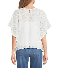 Democracy Allover Floral Lace Scoop Neck Elbow Sleeve Poncho