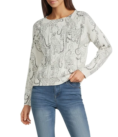 Democracy Animal Print Ribbed Boat Neck Long Sleeve Sweater