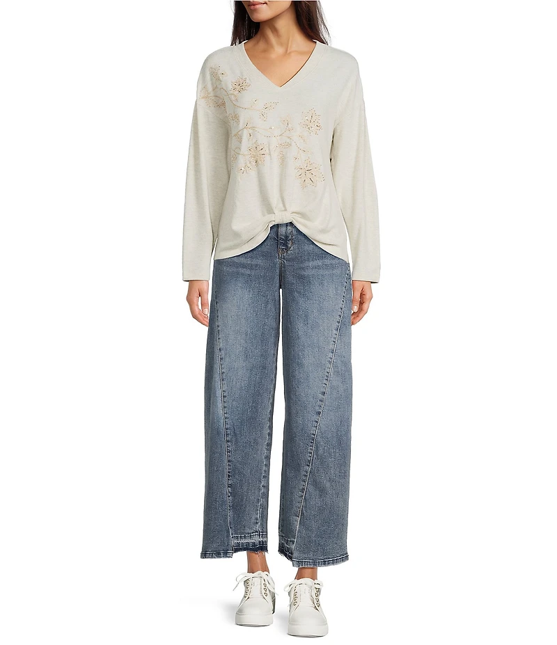 Democracy Beaded Floral Embroidered V-Neck Long Sleeve Top