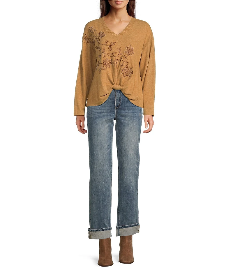 Democracy Beaded Floral Embroidered V-Neck Long Sleeve Top