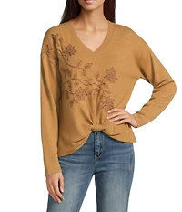Democracy Beaded Floral Embroidered V-Neck Long Sleeve Top