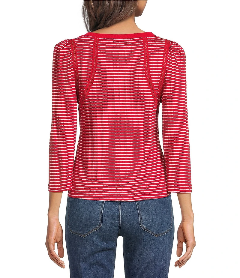 Democracy Boat Neck 3/4 Sleeve Stripe Crochet Fagoting Detail Top