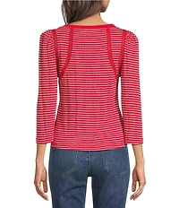 Democracy Boat Neck 3/4 Sleeve Stripe Crochet Fagoting Detail Top