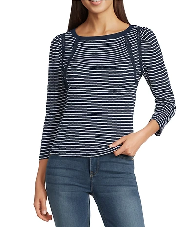 Democracy Boat Neck 3/4 Sleeve Stripe Crochet Fagoting Detail Top