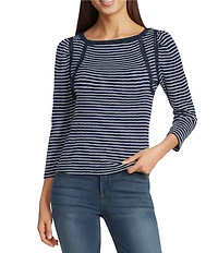 Democracy Boat Neck 3/4 Sleeve Stripe Crochet Fagoting Detail Top