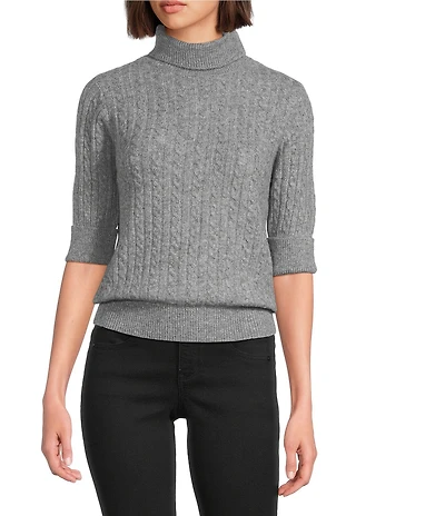 Democracy Cable Stitch Knit Ribbed Turtleneck Elbow Sleeve Sweater