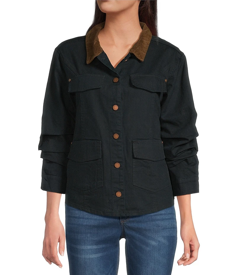 Democracy Contrast Corduroy Collar Long Rushed Sleeve Patch Pocket Button-Front Jacket