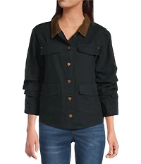 Democracy Contrast Corduroy Collar Long Rushed Sleeve Patch Pocket Button-Front Jacket
