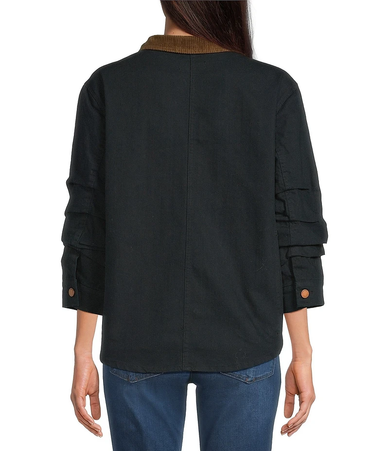 Democracy Contrast Corduroy Collar Long Rushed Sleeve Patch Pocket Button-Front Jacket