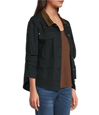 Democracy Contrast Corduroy Collar Long Rushed Sleeve Patch Pocket Button-Front Jacket